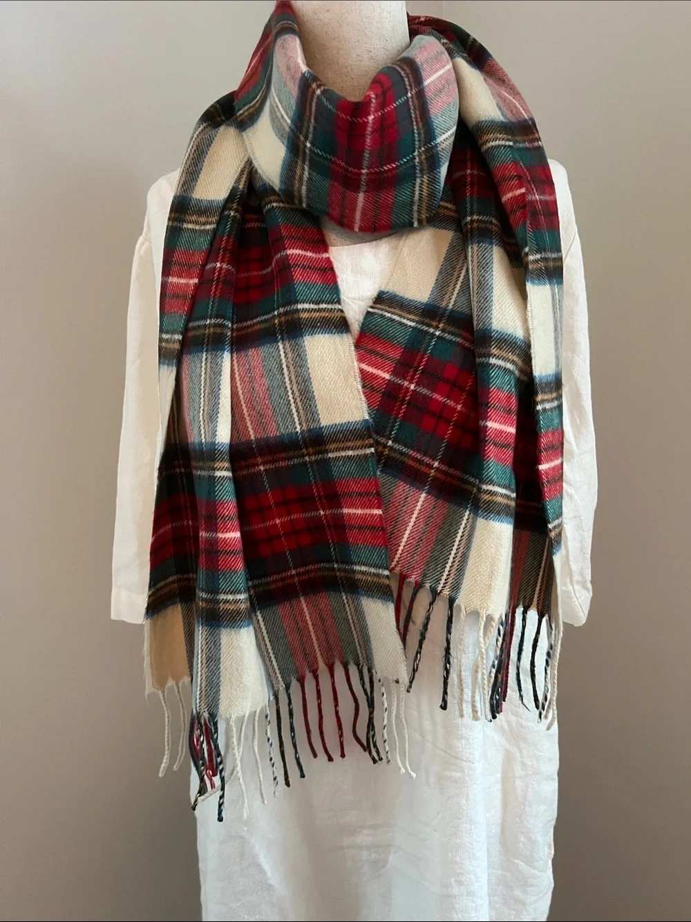 Classic Red Plaid Cream & Green Fringe Scarf Timeless Size 74” L x 12.25” W